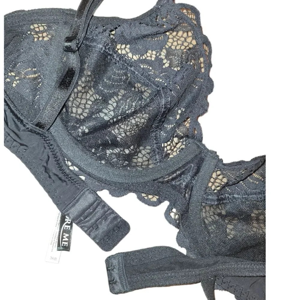 NWOT Adore Me Lingerie Black Floral Lace Unlined Underwire Bra 36B